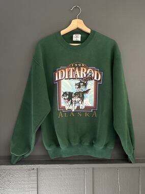 Vintage 1998 Alaska Iditarod Green Sled Dog Husky Crewneck Sweatshirt Sz Medium